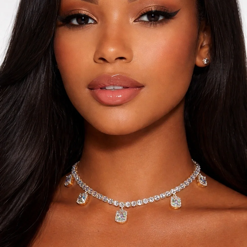 Gold tennis butterfly and square gemstone Choker Necklace set